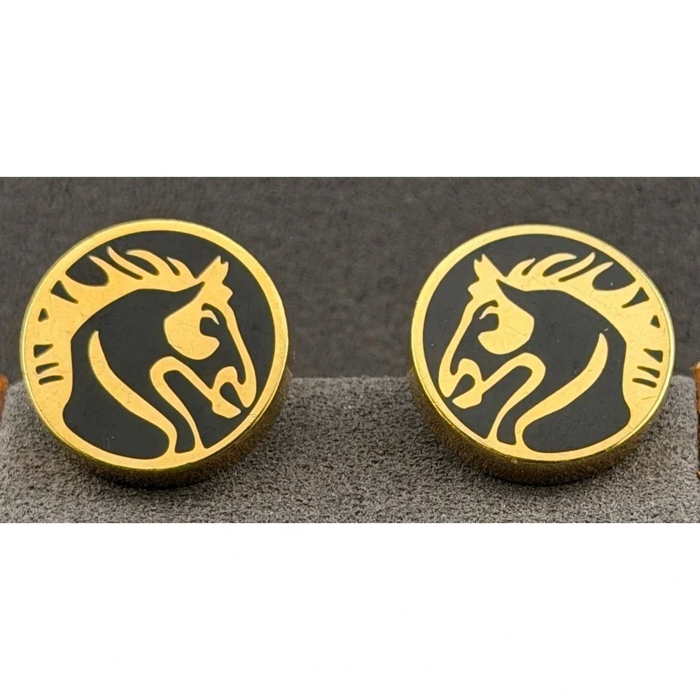 Vintage Horse Cufflinks S.T. Dupont Paris Gold Tone Enamel Signed Heavy